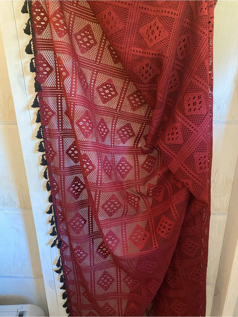 Dark Red Crochet Lace Rectangle Tablecloth with Black Tassel Trim 62” x 72”